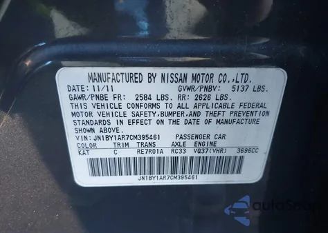 2012 Infiniti M37X z USA, uszkodzony, nr VIN JN1BY1AR7CM395461